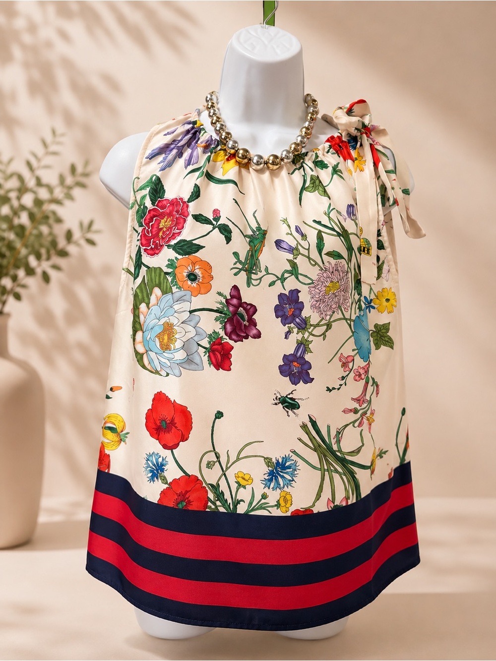 Floral Print Cream Halter Top with Navy & Red Stripe
